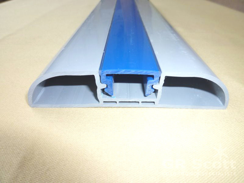 Bumper for wall protection made from PVC 100mm wide x 21mm deep with hidden fixings with a separate cover cap. In 4M lengths made up from ref MPM WP 100 & MPM WPC. Bumper finished in grey, cover cap finished in blue.  Suitable for chiller coldstore or cle
