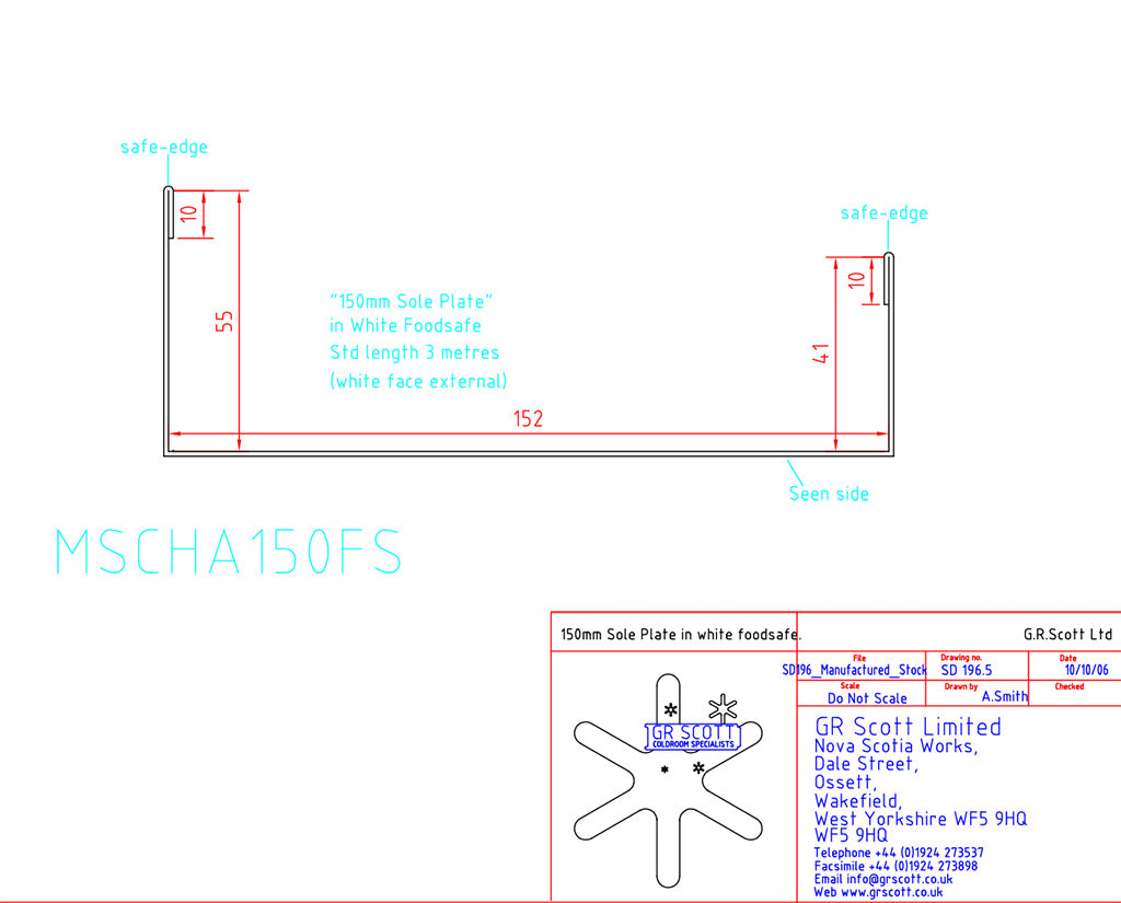 150mm White foodsafe, capping flashing channel (sole plate) for panels